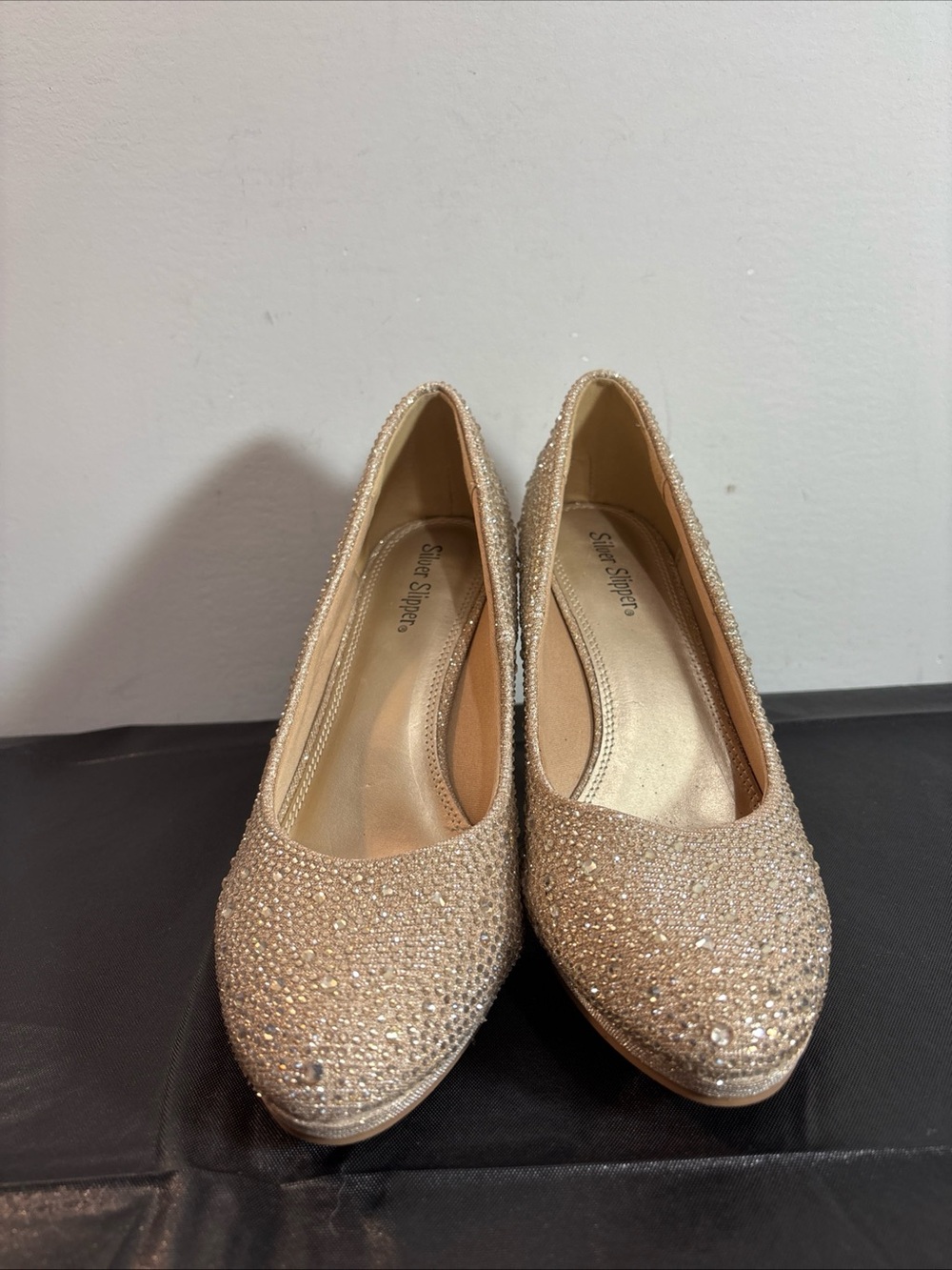 Silver Slipper Sparkling Crystal Embellished Women's Flats - Champagne. 9/11